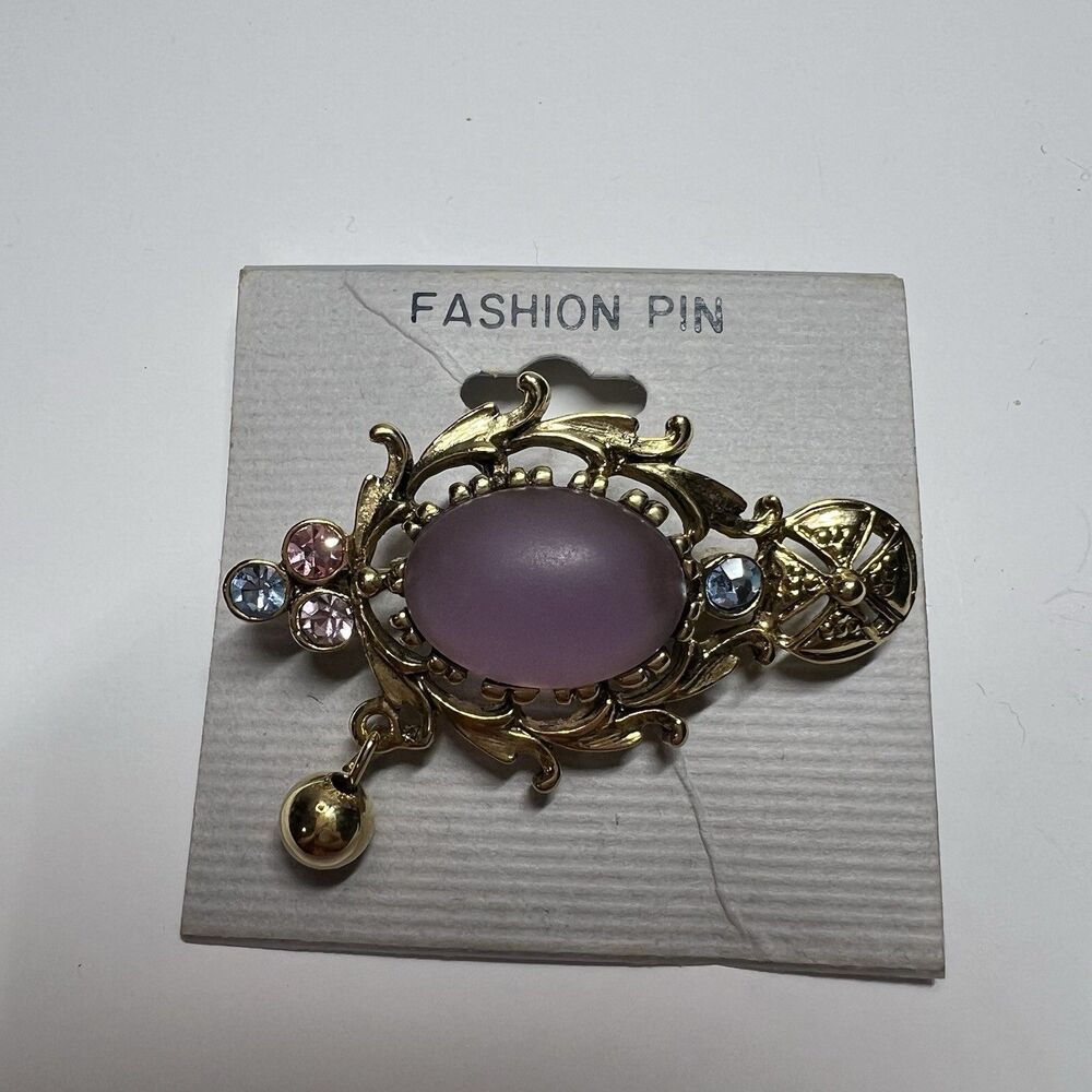 Vintage Gold Tone Filigree Brooch Pin Frosted Purple Stone Rhinestones Dangle 2”